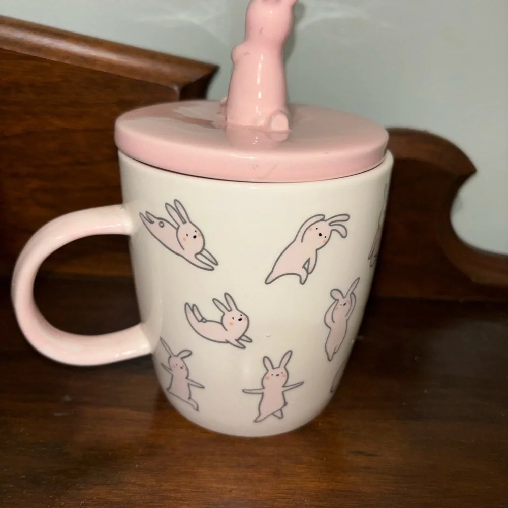 Magenta Wooly Heads Pink Yoga Bunny Ceramic Mug with Lid